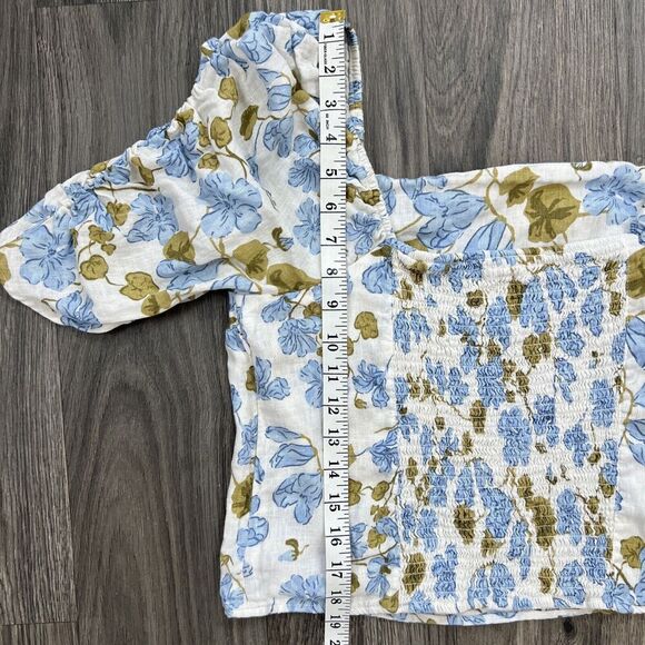 Joie Linen Linen Puff Sleeve Shirred Blue White Floral Blouse Size XL - Picture 6 of 6